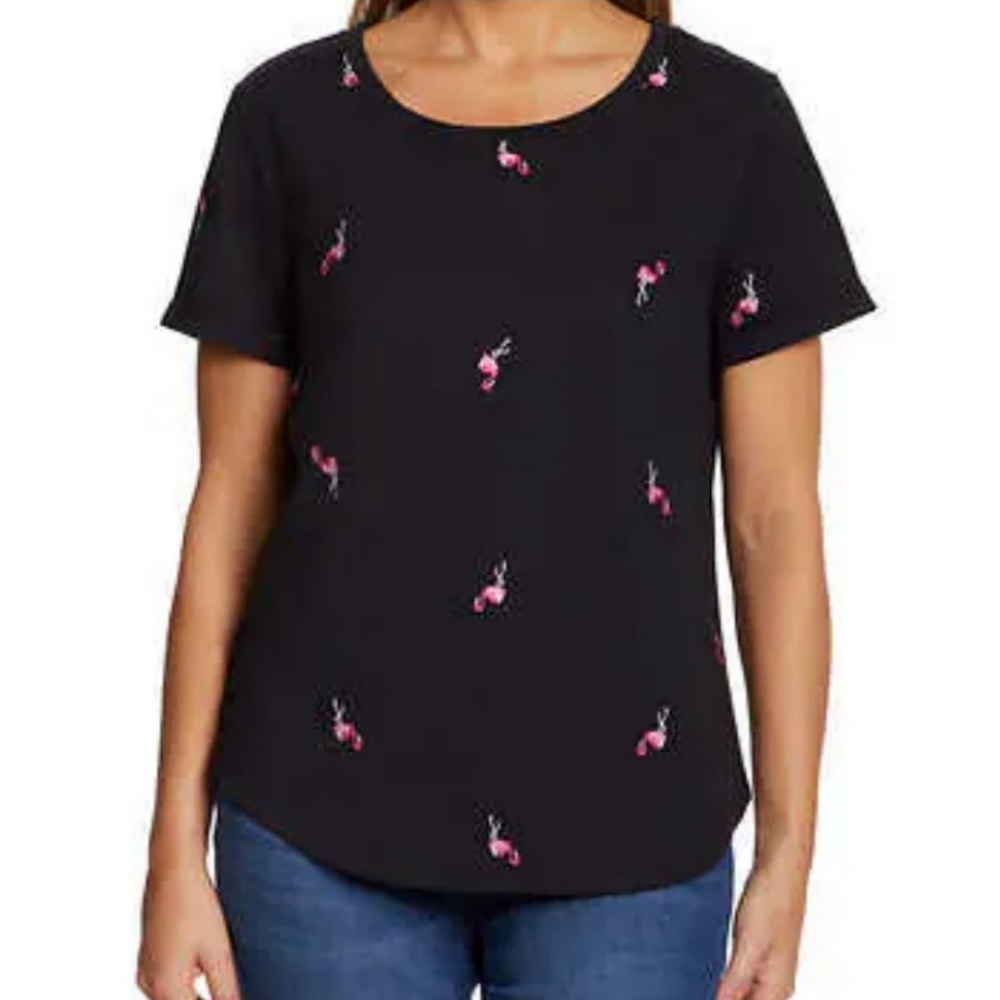 Vintage America Ladies Embroidered Black Flamingo Short Sleeve Top